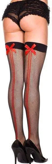 Black Fishnet Thigh Hi with Red Bows (OS) - EdenSeduce