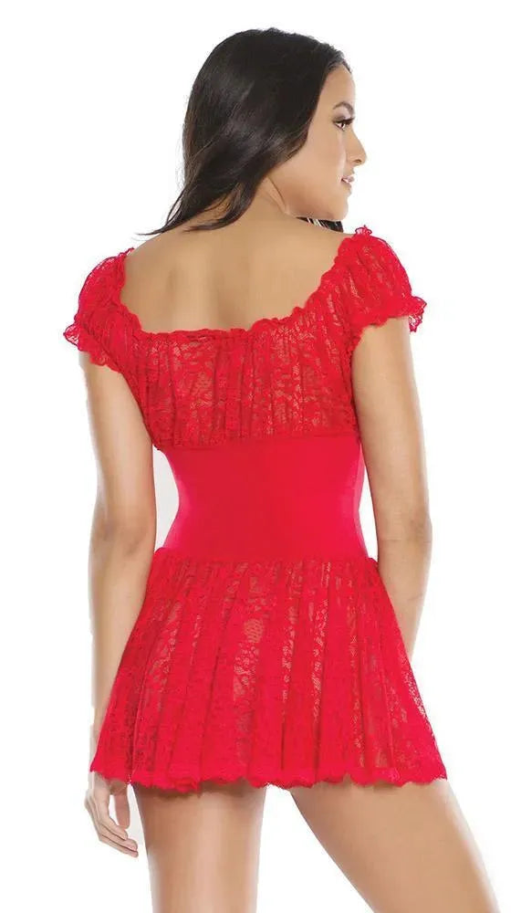 Naughty Red Lace Off The Shoulder Babydoll & G-String Set - EdenSeduce